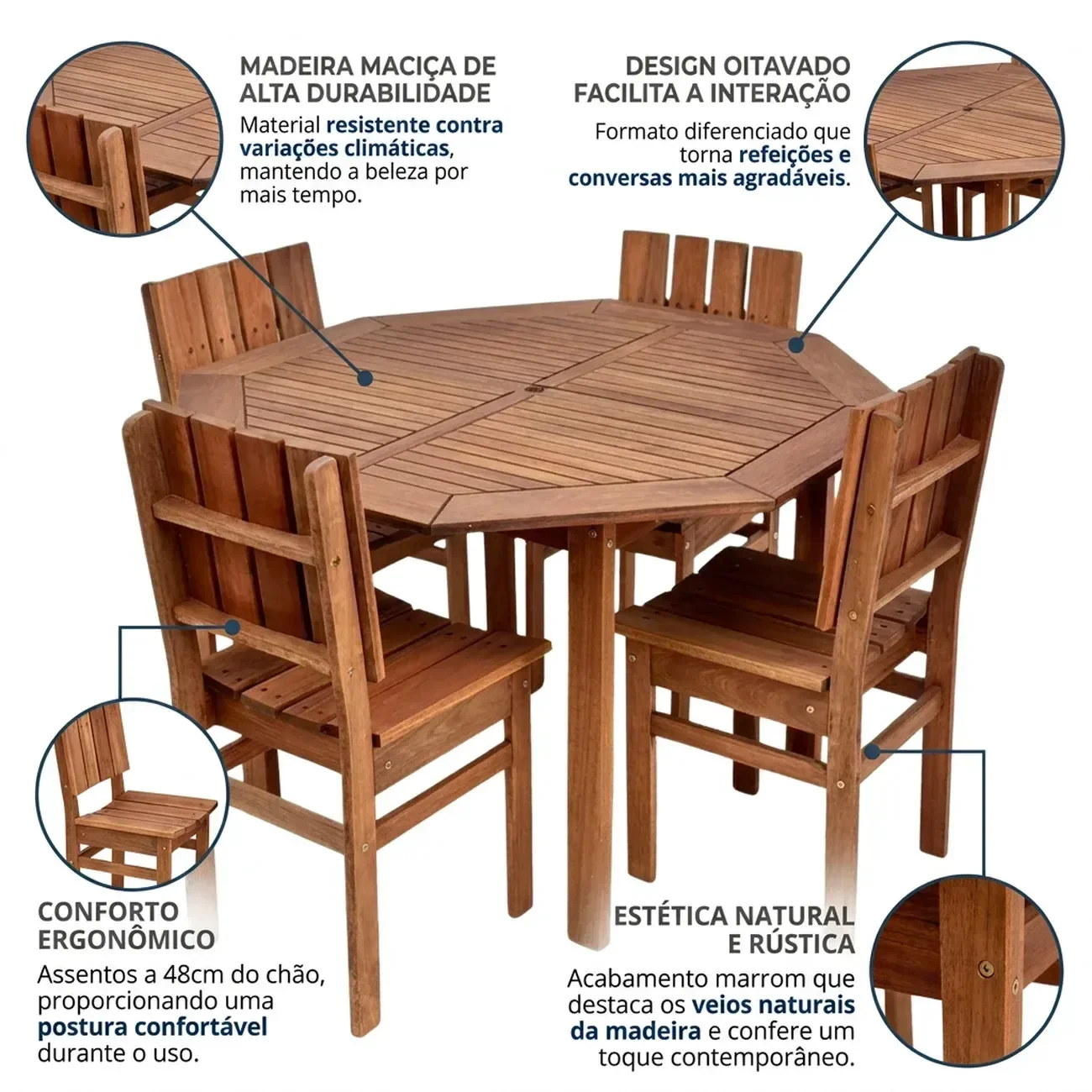 Ver imagem 4 de Conjunto Externo com Mesa Oitavada 120cm e 4 Cadeiras Ultron Madeira Maciça Marrom