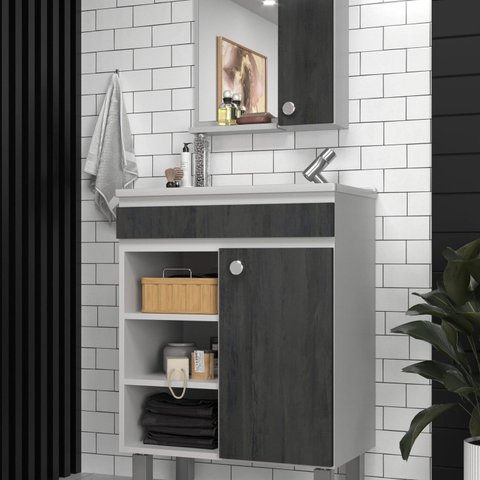 Conjunto Balcão para Banheiro com Espelheira Siena 55 Branco/Carbono