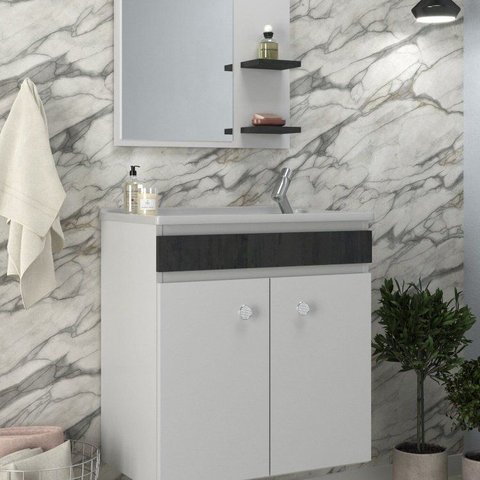 Conjunto Balcão para Banheiro com Espelheira Palermo 55 Suspenso Branco/Noce