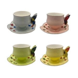 Cj 4 Xícaras P/chá C/pires de Porcelana Colorida Papillon 200ml L'hermitage