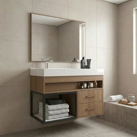 Conjunto Gabinete para Banheiro com Espelheira New 80 Noce/Noce