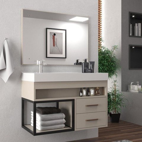 Conjunto Gabinete para Banheiro com Espelheira New 80 Bege/Nude