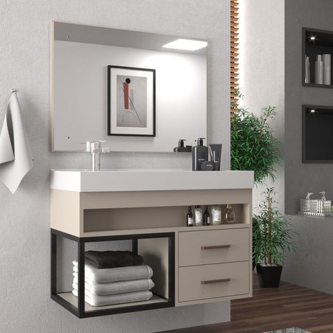 Conjunto Gabinete para Banheiro com Espelheira New 80 Bege/Nude