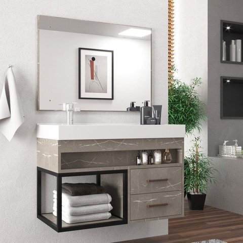 Conjunto Gabinete para Banheiro com Espelheira New 80 Marmo Crema/Marmo Crema