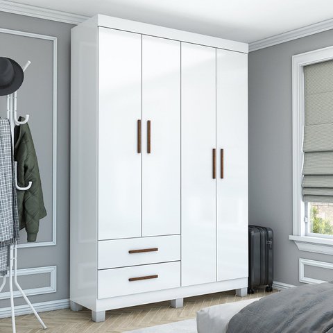 Guarda-Roupa 4 Portas 2 Gavetas com Pés Genova Branco