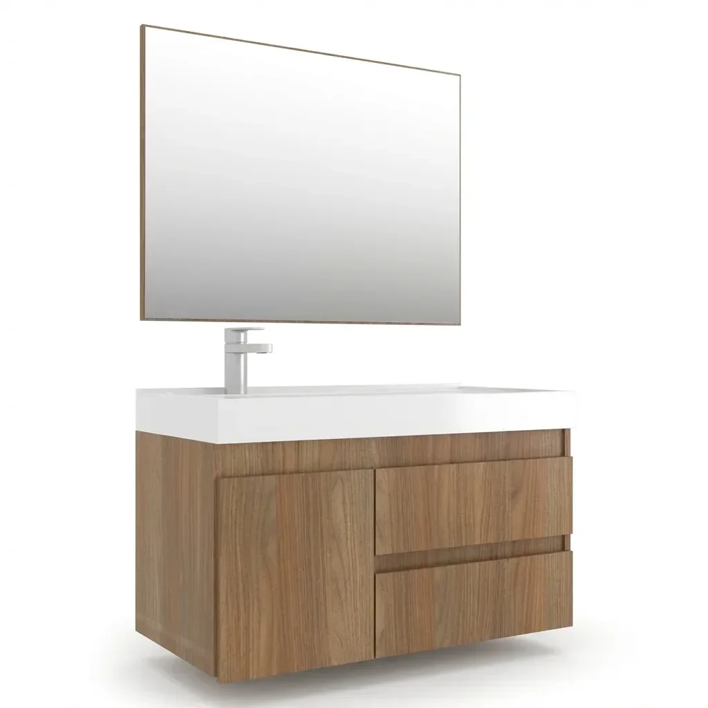 Ver imagem 2 de Conjunto Gabinete para Banheiro Suspenso com Cuba e Espelho em MDF Califórnia Noce