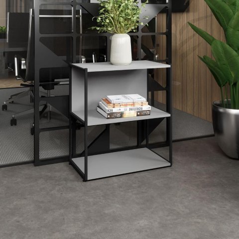 Estante Baixa Escritório 63cm X 36cm 3 Prateleiras F5 Office Cor:cinza Sagrado com Preto