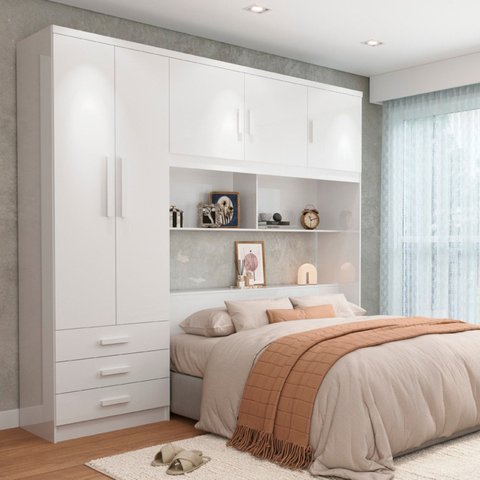 Guarda-Roupa Solteiro 5 Portas 3 Gavetas com Cabeceira e Baú Yescasa Branco