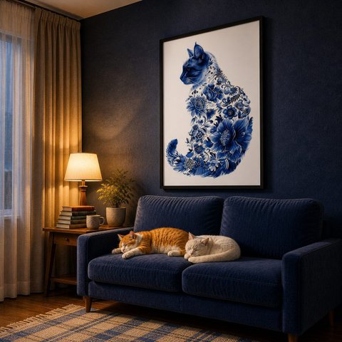Quadro Canvas Gato Florais Azuis 60x40cm Mold Preta