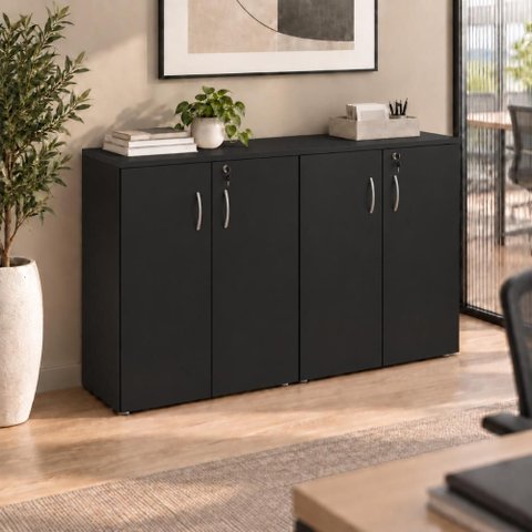 Armário Médio para Escritório 1,60 m com 4 Portas, Chave e 3 Prateleiras F5 Office Cor:Preto
