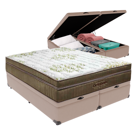 Cama Box Baú Bipartido Casal Bege e Colchão Gold Ultragel Molas Ensacadas Ortobom
