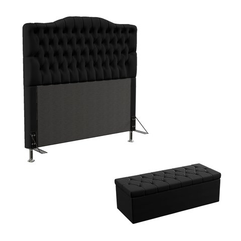Kit Cabeceira Decorativa Para Cama Box Pollux e Calçadeira Sagitarius 160 Para Cama Queen Sued Preto