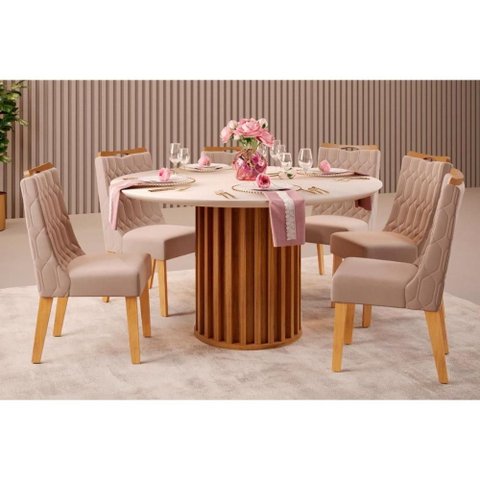 Conjunto: Mesa Sala Jantar Viena Tampo Madeirado C/ Vidro 136cm e 6 Cadeiras Bia Freijo/off White -