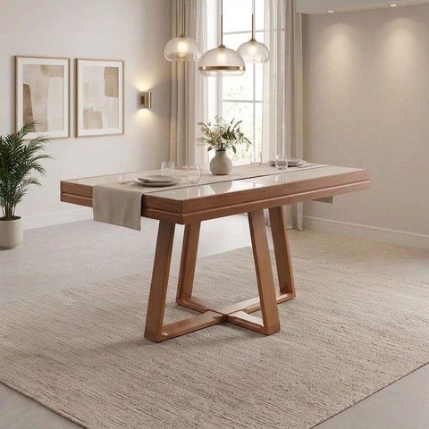 Mesa de Jantar Caroline Extensível Mel Vidro Off 4 a 6 Lugares Pés em Madeira Maciça