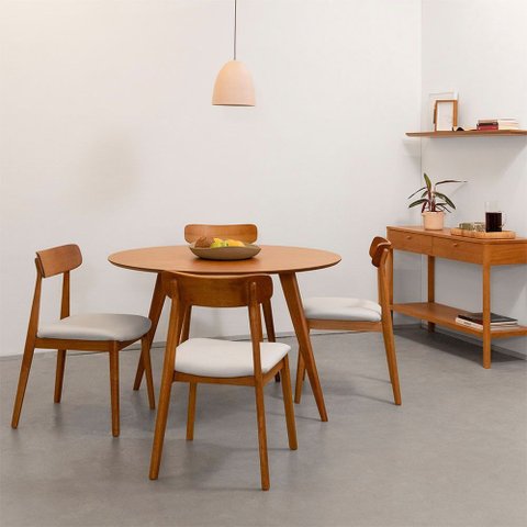 Conjunto Mesa Jantar Square Laminada Redonda Natural - 1,08m + 4 Cadeiras Nord Madeira - Off White C
