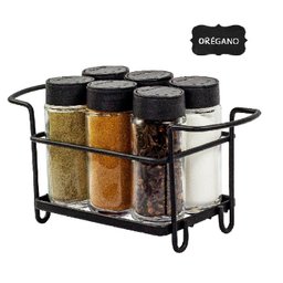 Porta Tempero Condimento 6 Potes Vidro Tampa Dosadora Suporte Preto Organização Cozinha - 1