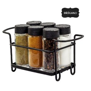 Porta Tempero Condimento 6 Potes Vidro Tampa Dosadora Suporte Preto Organização Cozinha