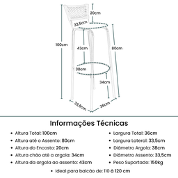 Kit 2 Banquetas 80cm para Balcão Ilha Bancada Área Gourmet Encosto em Junco Banco Itagold - 2