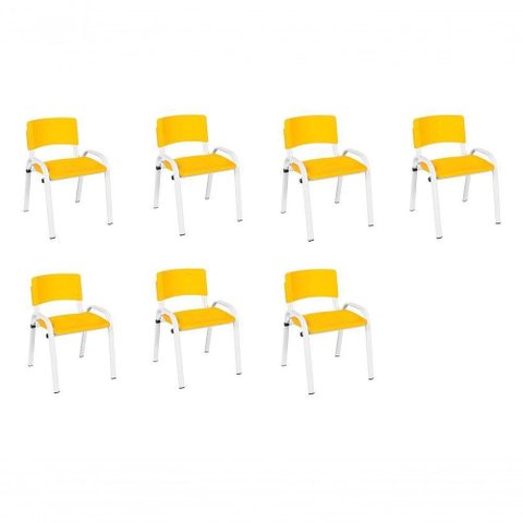 Kit 7 Cadeira Iso Infantil Creche, Base Branco Amarelo