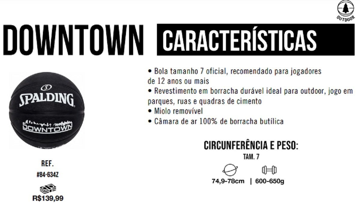 Bola de Basquete Spalding Downtown Tam. 7 Profissional Airbility - Ref 84-634Z UNICO Preto - 2