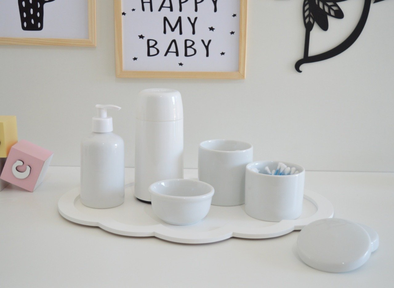 Kit Higiene Porcelana Baby + Potes + Térmica 250ml + Bandeja Nuvem - 3