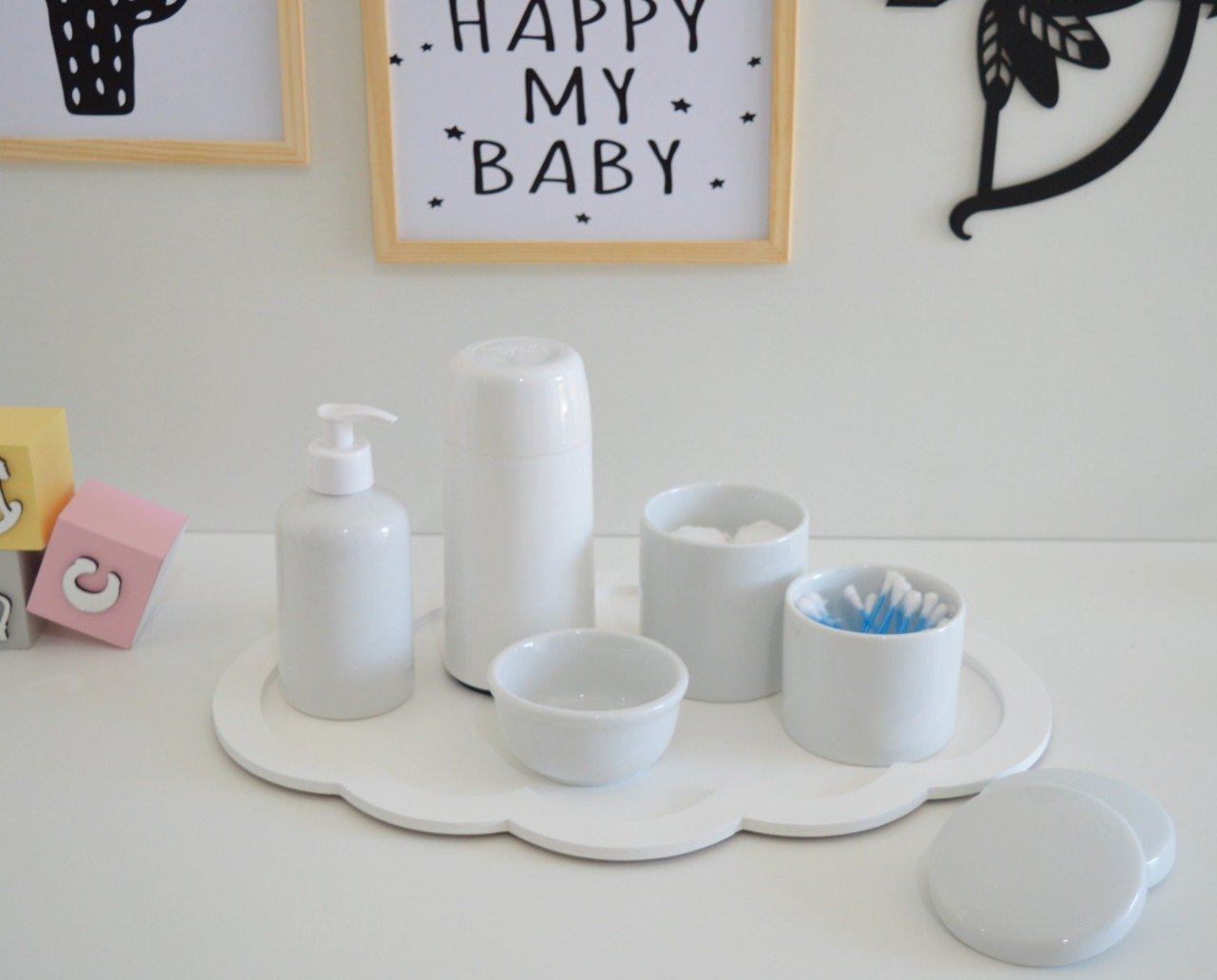 Kit Higiene Porcelana Baby + Potes + Térmica 250ml + Bandeja Nuvem - 1