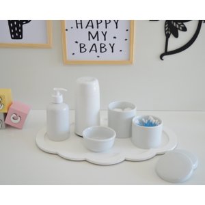 Kit Higiene Porcelana Baby + Potes + Térmica 250ml + Bandeja Nuvem