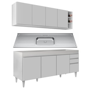 Armário Aéreo Nevada e Balcão Gabinete 180cm Com Pia Dallas Branco - Lumil Lumil Móveis Nevada/Dalla