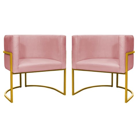 Kit 2 Poltronas Decorativa Luxo Base de Metal Dourada Escritório Recepção Sala Suede Rosa Eli Móveis