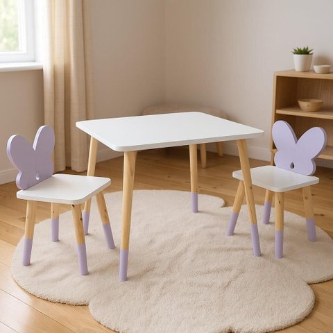 Mesa e 2 Cadeiras Infantil Borboletinha Kit Livro Educativo em Madeira - Lilás