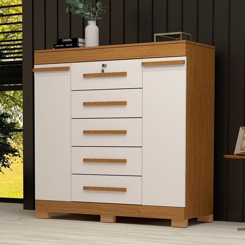 Cômoda 2 Portas 5 Gavetas 100% MDF 120cm Coleus Espresso Móveis Bege/Cinamomo/Off White