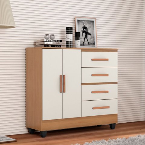 Cômoda para Quarto 4 Gavetas 02 Portas com Pés Lite Marrom/Nature/Off White
