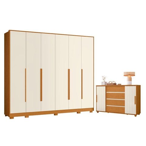 Guarda Roupa Casal Mercure 6 Portas e Cômoda Evidenza 02 Portas Deslizantes e 04 Gavetas Cinamomo