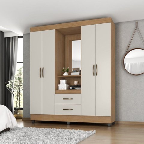 Guarda Roupa Casal Capela com Espelho 4 Portas e 2 Gavetas e Pés Lite Marrom/Nature/Off White