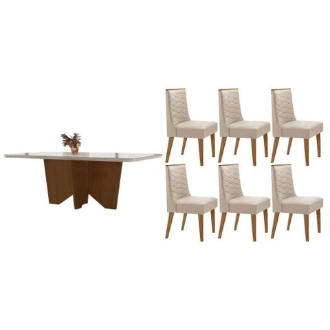 Conjunto Sala de Jantar Nevada C/ Tampo Madeirado C/ Vidro Canto Curvo 180x90cm e 6 Cadeiras Dafne