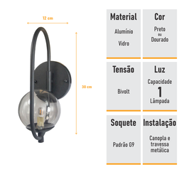 Kit 2 Arandela Parede Online Preto Globo de Vidro Fume - 6