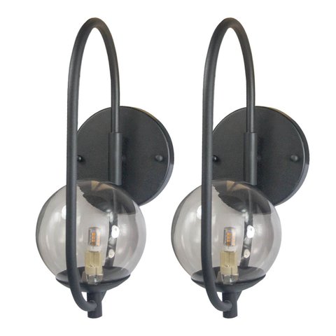 Kit 2 Arandela Parede Online Preto Globo de Vidro Fume