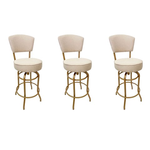 Kit 3 Banquetas Alta Bar Giratória com Encosto Cor Dourado Fosco Assento Cor Linho Bege Grosso Confo