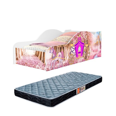 Cama Carro Solteiro com Grade Proteção Lateral de Mdf Adesivada de Carruagem + Colchão D20