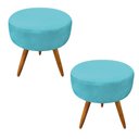 Ver imagem 1 de Kit 2 Puffs Banqueta Redonda Nina Suede Azul Turquesa Pés Palito Castanho - Pallazio