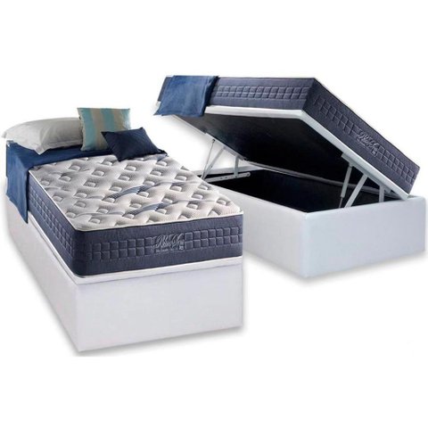 Cama Box Baú Solteiro: Colchão Molas Ensacadas Anjos MasterPocket Blue Sea + Base CRC Courano