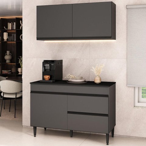 Armário Cozinha Modulada Compacta com Balcão para Pia 120cm Milano Multimóveis MP2474 Grafite