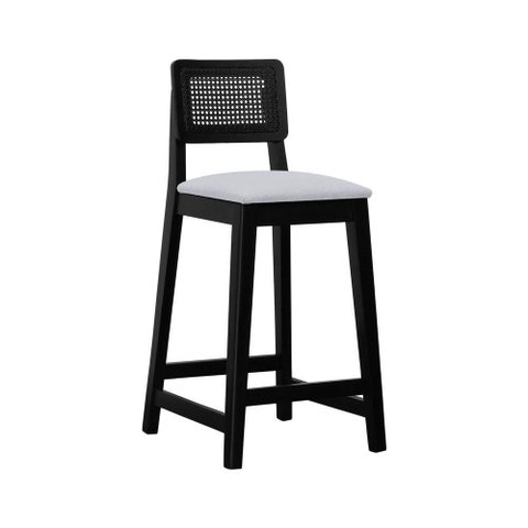 Banqueta Gabi Madeira Maciça Encosto C- Telinha C- 68cm Altura - Preto Assento Estofado Linho Bege