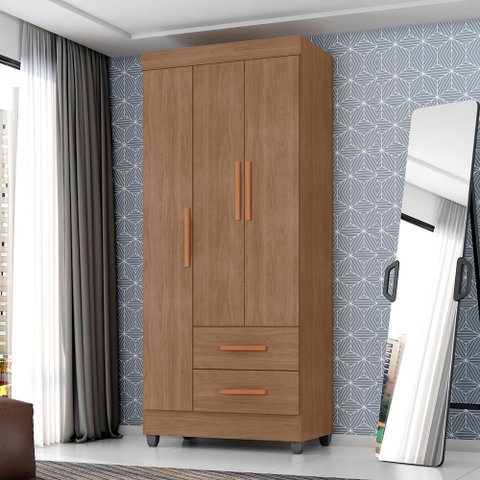 Guarda Roupa Solteiro 3 Portas 2 Gavetas com Pés Lite Marrom/Carvalho/Oak