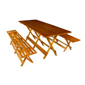 Conjunto Dobrável Mesa 2m e 2 Bancos Sem Encosto Madeira Maciça Eucalipto
