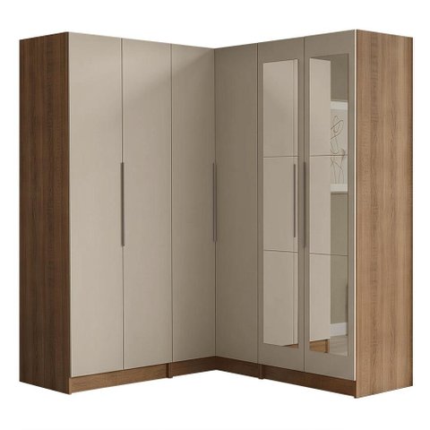 Guarda-Roupa Modulado de Canto 350 cm 6 Portas com Espelhos 4 Gavetas Rustic/Crema Neo Madesa 02