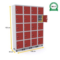 ROUPEIRO DE AÇO 4M 20 PORTAS FECHADURA PANDIN - CINZA/VERMELHO - 2