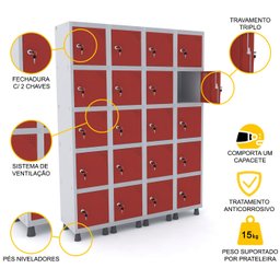ROUPEIRO DE AÇO 4M 20 PORTAS FECHADURA PANDIN - CINZA/VERMELHO - 3