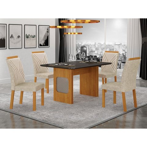 Conjunto Sala de Jantar Lara 1,20m Tampo Vidro Chumbo com 4 Cadeiras Clara Plus Cinamomo/Linho Palha