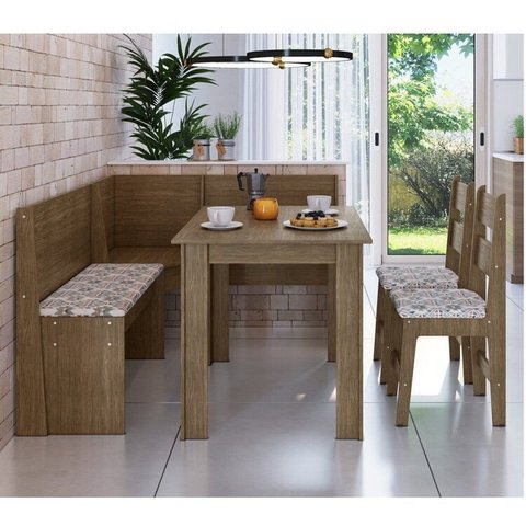 Conjunto Canto Alemão com Mesa, 2 Cadeiras e Almofada Marrom/Ameixa Negra